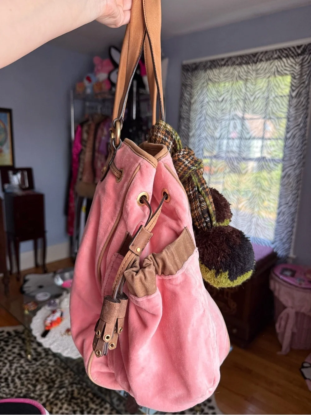 RARE Juicy Couture Preppy Pink Velour Tote with Tan Leather Trim
